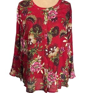 J. Jill Womens XL Top Red Floral Semi Sheer‎ Button Front Fall Office NWT